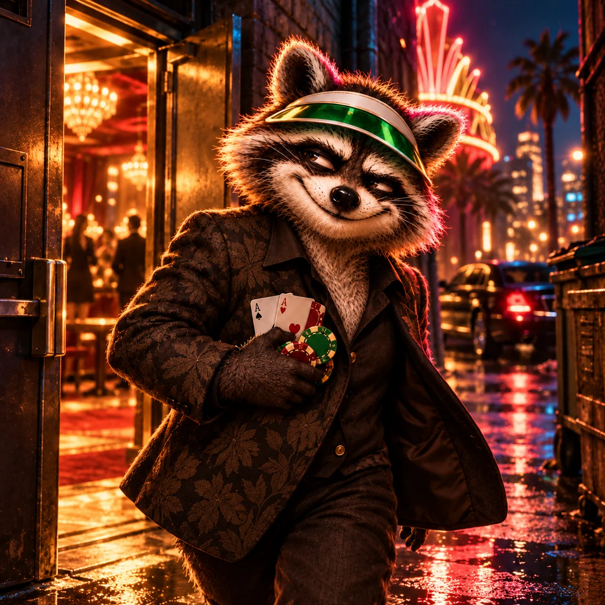 The raccoon leaving another casino with a handful of chips