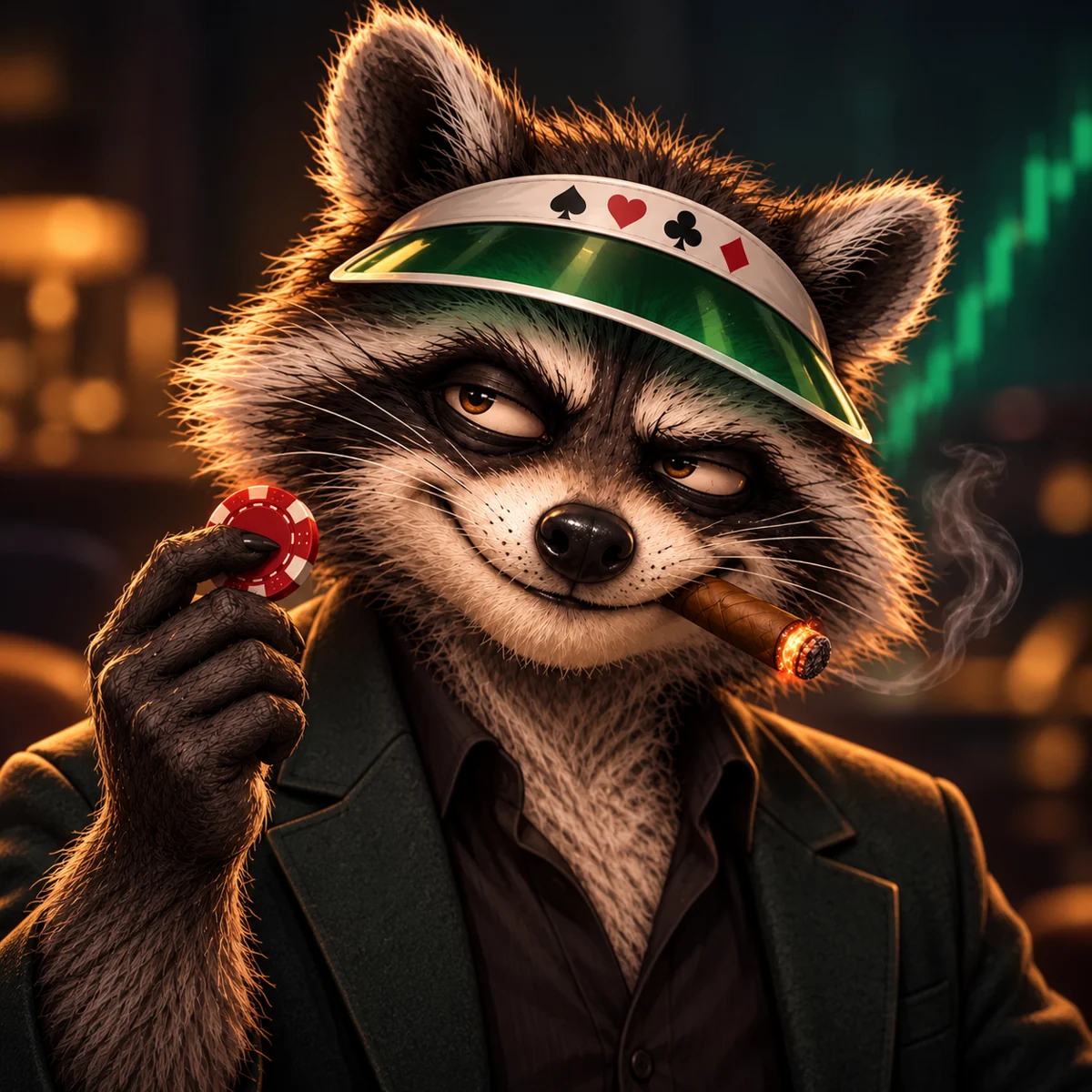 Gamba Raccoon in his green visor, holding a poker chip